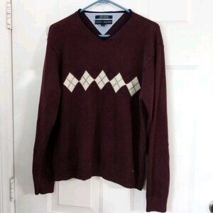 Vintage 90s Tommy Hilfiger Argyle V Neck Knit Sweater Men’s Medium Cotton & Wool